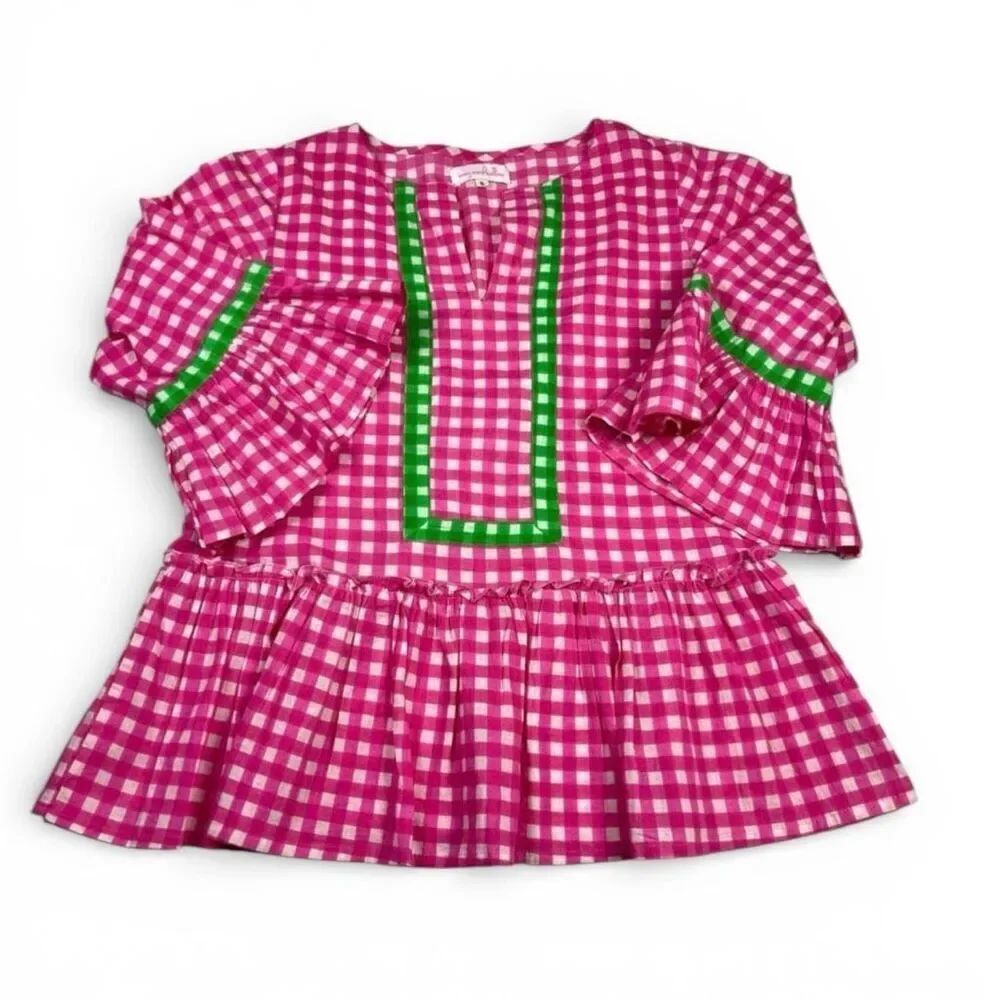 Mary Marshmallow Gingham Plaid Ruffled Blouse Preppy 3/4 Sleeve Preppy Top S